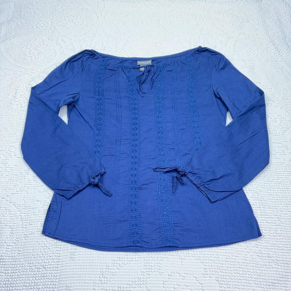 Notations Blue Cotton Lace Crochet Pintuck Peasant Blouse Top Medium